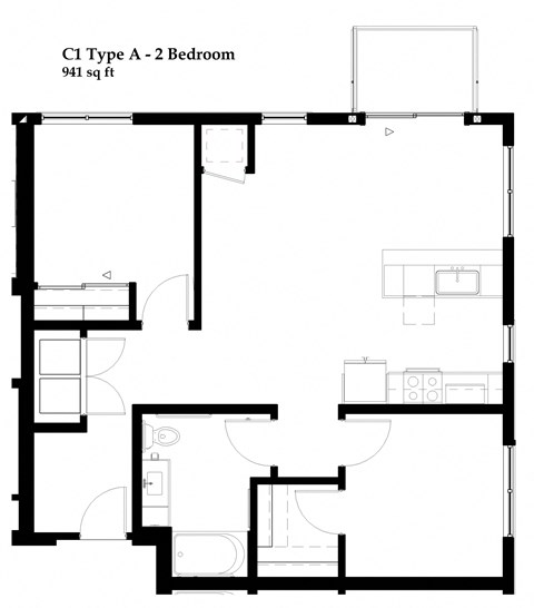 Floor plan for 2 beds, 1 bath, 941 sqft